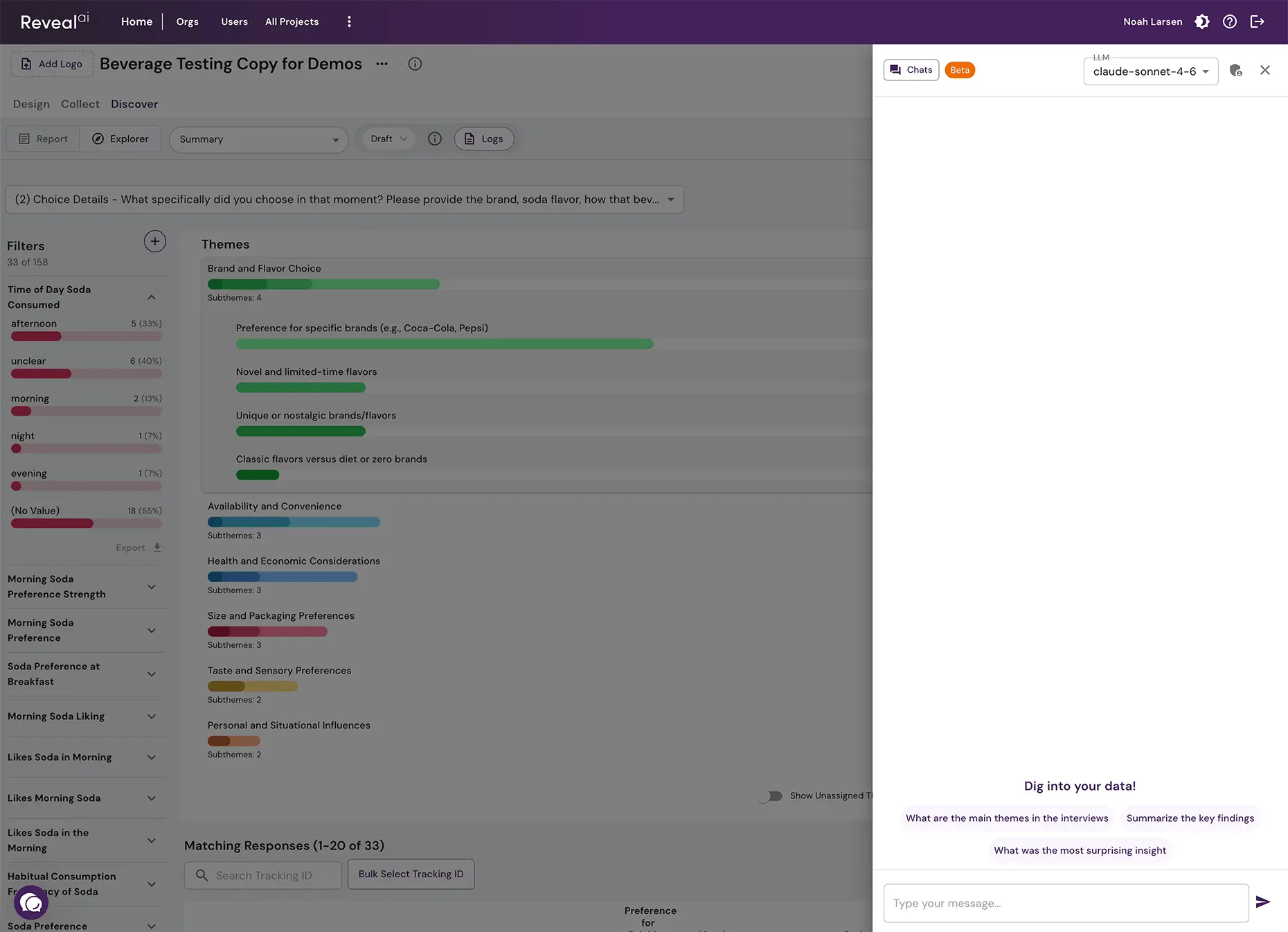 Chat With Your Data panel open over the Discover themes view
